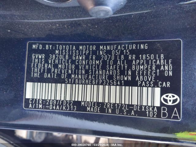 5YFBURHE6FP325641 Toyota Corolla S Plus
