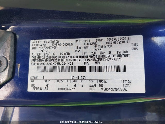 Ford ESCAPE SE 2014 1FMCU0GX0EUC91423 Image 9