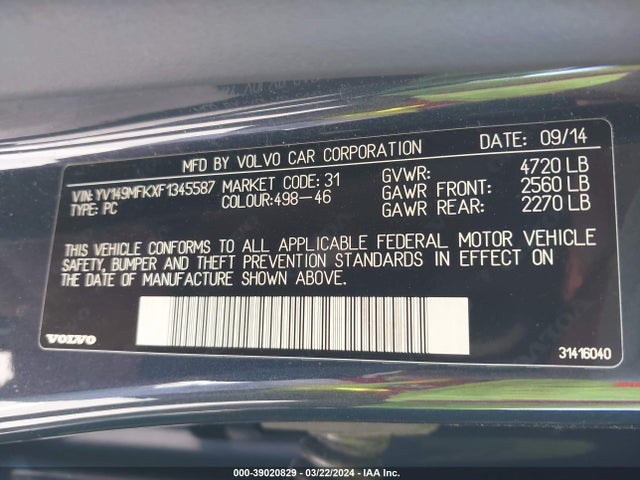 Volvo S60 T6 2015 YV149MFKXF1345587 Image 9