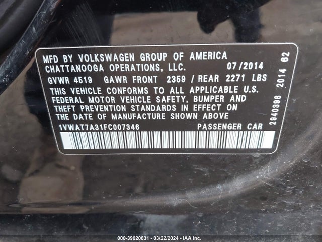 1VWAT7A31FC007346 Volkswagen Passat 1.8t S