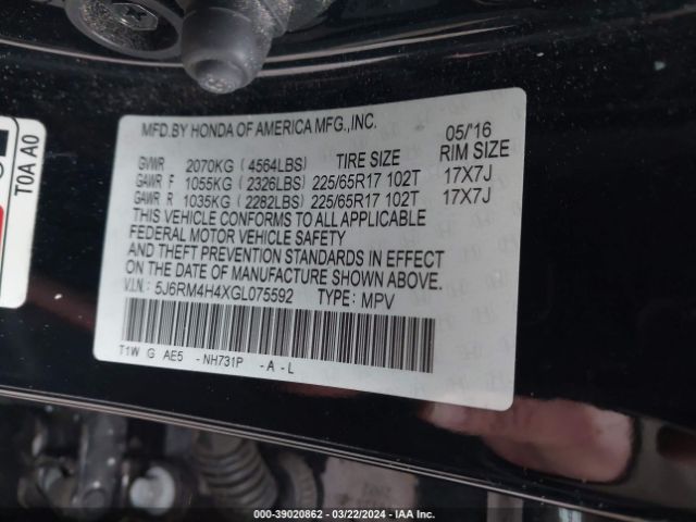 5J6RM4H4XGL075592 Honda CR-V SE