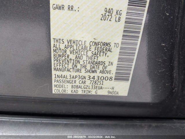 39020879 :رقم المزاد ، 1N4AL3AP3GN343008 vin ، 2016 Nissan Altima 2.5 S مزاد بيع