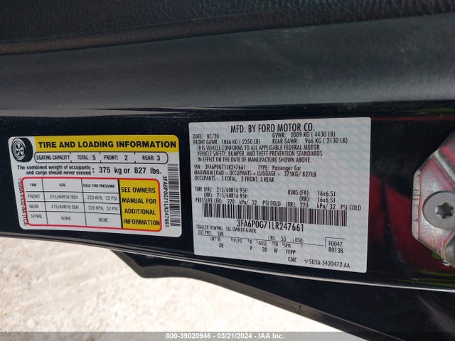Ford FUSION S 2020 3FA6P0G71LR247661 Image 9