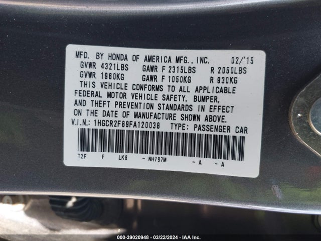Honda Accord Ex-l 2015 1HGCR2F89FA120038 Image 9