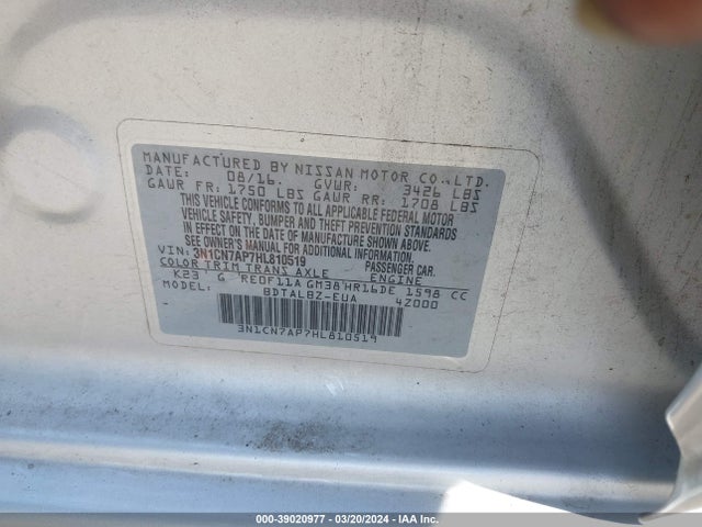 Nissan Versa 1.6 Sv 2017 3N1CN7AP7HL810519 Image 9