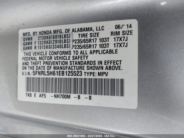 Honda Odyssey Ex-l 2014 5FNRL5H61EB125523 Image 9
