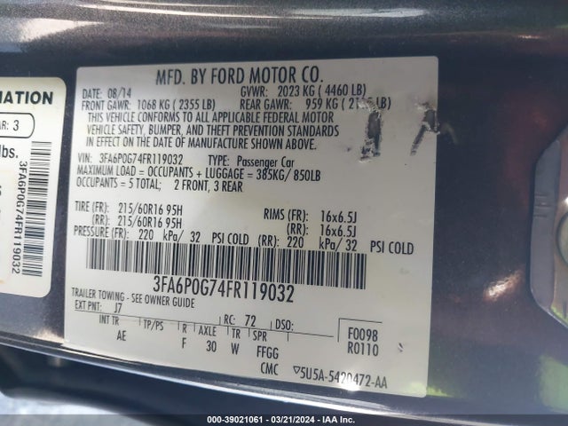 Ford FUSION S 2015 3FA6P0G74FR119032 Image 9