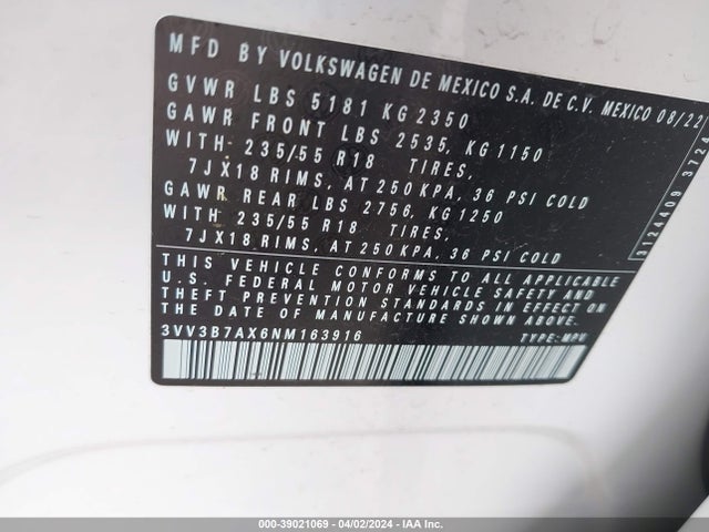 3VV3B7AX6NM163916 Volkswagen Tiguan 2.0t Se