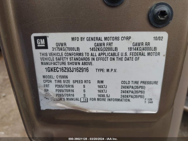 Aukcja sprzedaży 2003 Gmc Yukon Xl 1500 Slt, vin: 1GKEC16Z93J162916, numer aukcji: 39021128