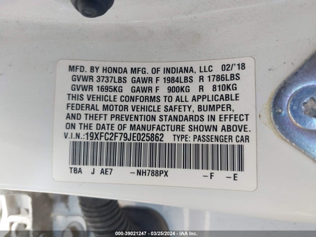 Honda CIVIC EX 2018 19XFC2F79JE025862 Image 9