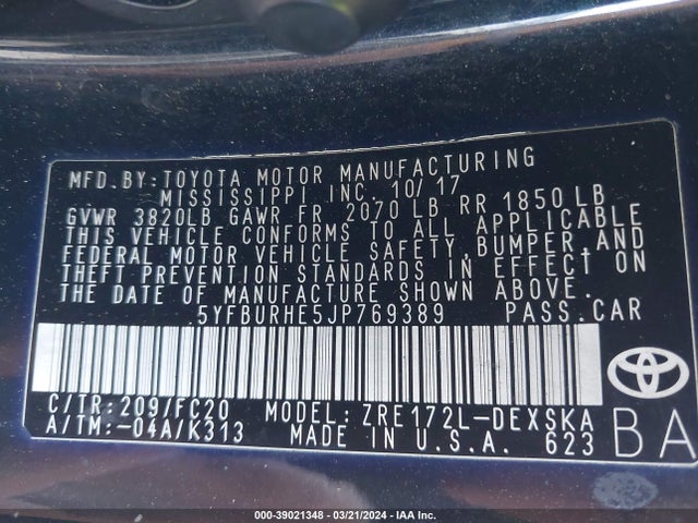 Toyota COROLLA SE 2018 5YFBURHE5JP769389 Image 9