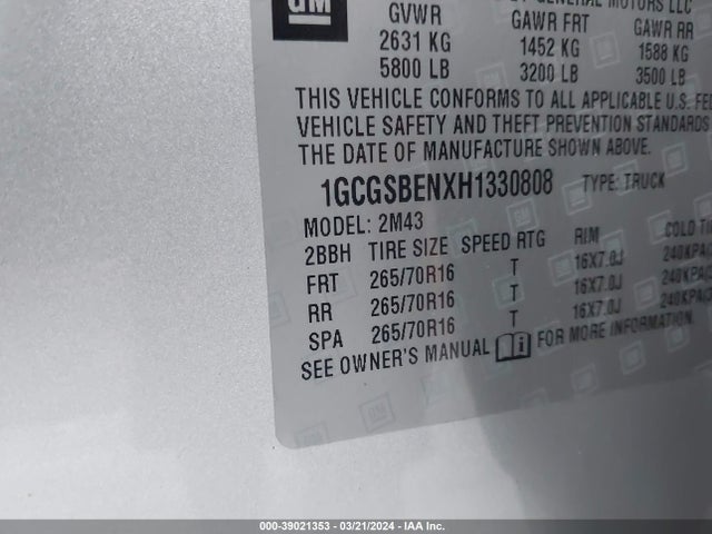 Chevrolet Colorado Wt 2017 1GCGSBENXH1330808 Image 9