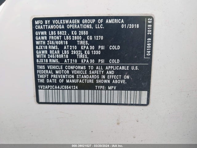 1V2AP2CA4JC554124 Volkswagen Atlas 2.0t S