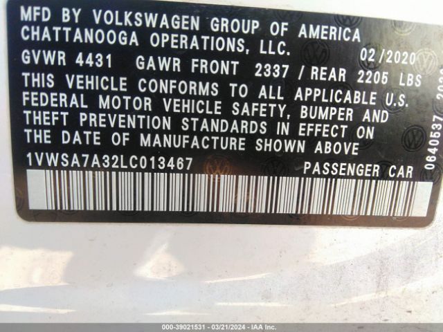 1VWSA7A32LC013467 Volkswagen Passat 2.0t Se