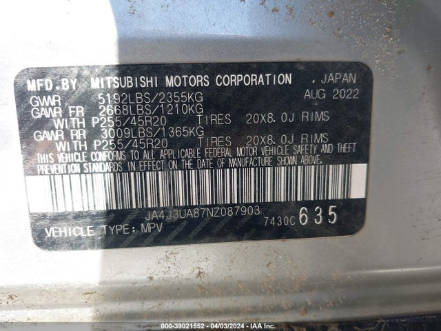 JA4J3UA87NZ087903 Mitsubishi Outlander Black Edition 2wd/se 2.5 2wd/se Launch Edition 2wd