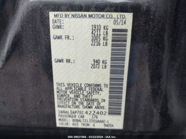 1N4AL3AP7EC422402 Nissan Altima 2.5 Sv