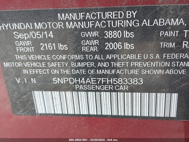 Hyundai ELANTRA SE 2015 5NPDH4AE7FH583383 Image 9