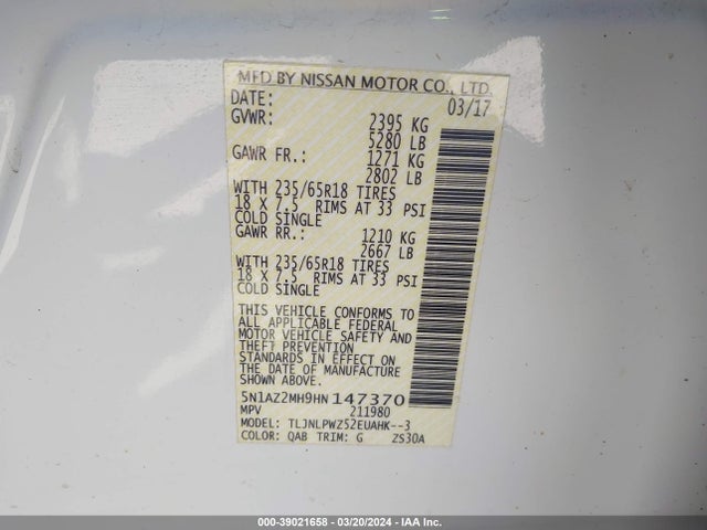 Nissan MURANO S 2017 5N1AZ2MH9HN147370 Image 9