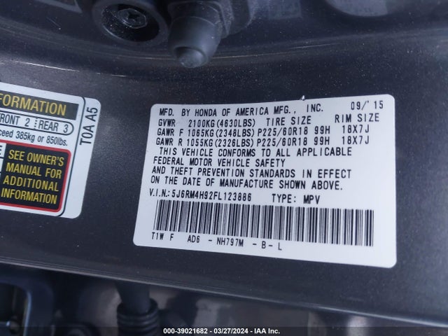 Honda Cr-v Touring 2015 5J6RM4H92FL123886 Image 9