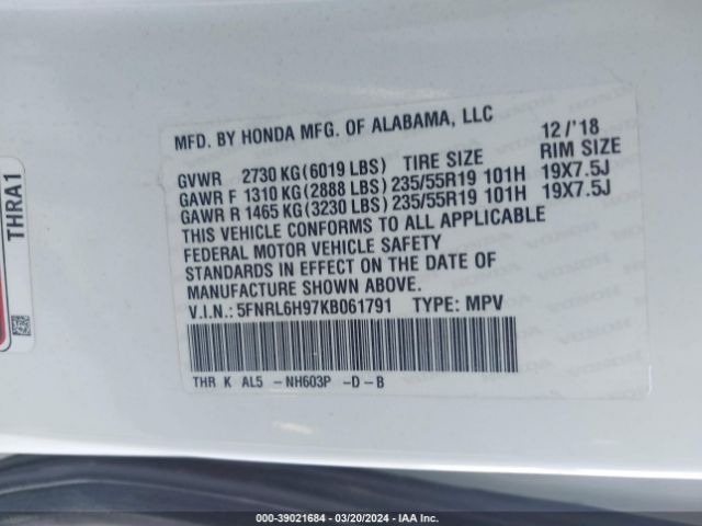 5FNRL6H97KB061791 Honda Odyssey Elite