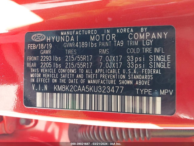 Hyundai Kona Sel 2019 KM8K2CAA5KU323477 Image 9