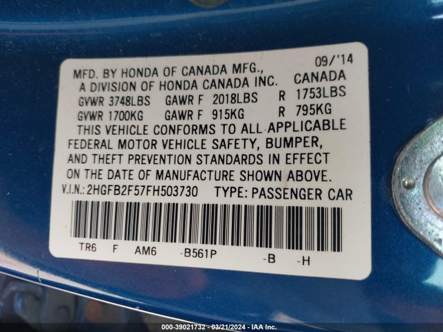 Honda Civic Lx 2015 2HGFB2F57FH503730 Image 9