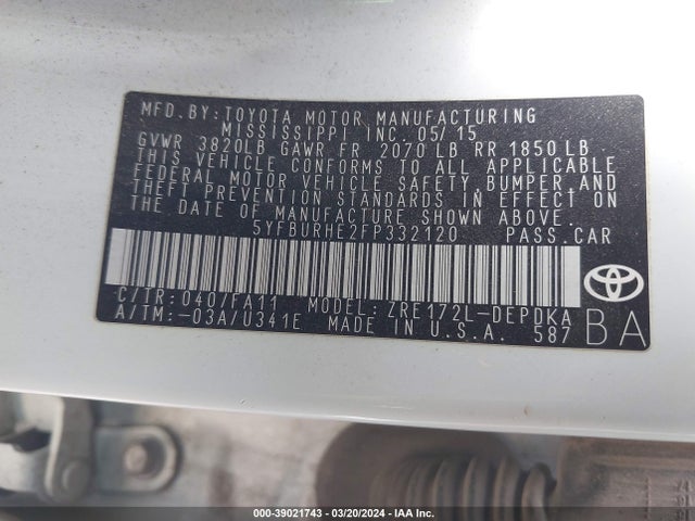Toyota COROLLA L 2015 5YFBURHE2FP332120 Image 9