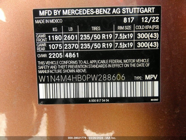 W1N4M4HB0PW288606 Mercedes-Benz Glb 250 4matic