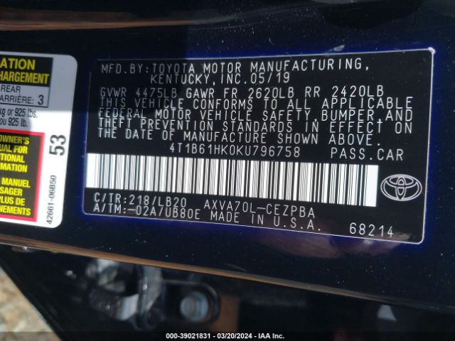 4T1B61HK0KU796758 Toyota CAMRY XSE