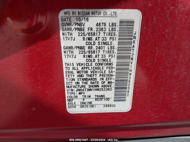 Nissan ROGUE SV 2017 JN8AT2MV1HW252382 Image 9