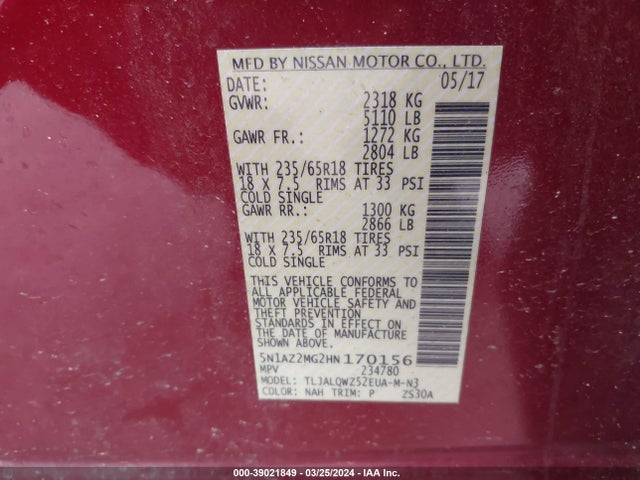 Nissan MURANO SV 2017 5N1AZ2MG2HN170156 Image 9