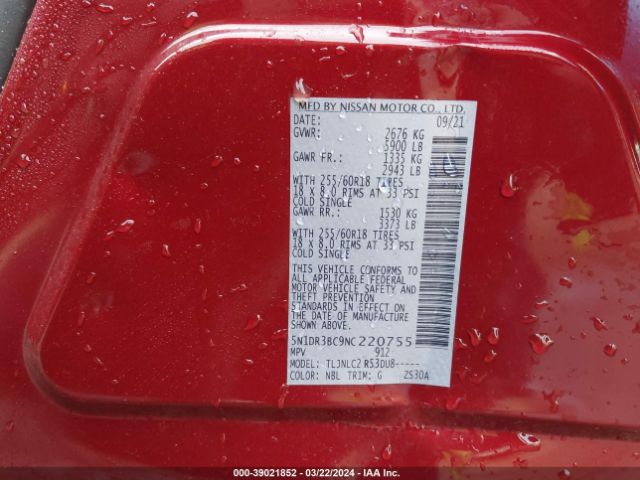5N1DR3BC9NC220755 Nissan Pathfinder Sv 4wd