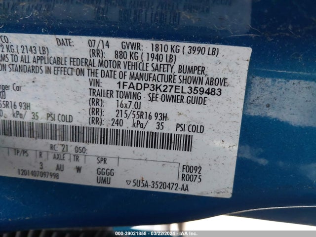 Ford FOCUS SE 2014 1FADP3K27EL359483 Image 9