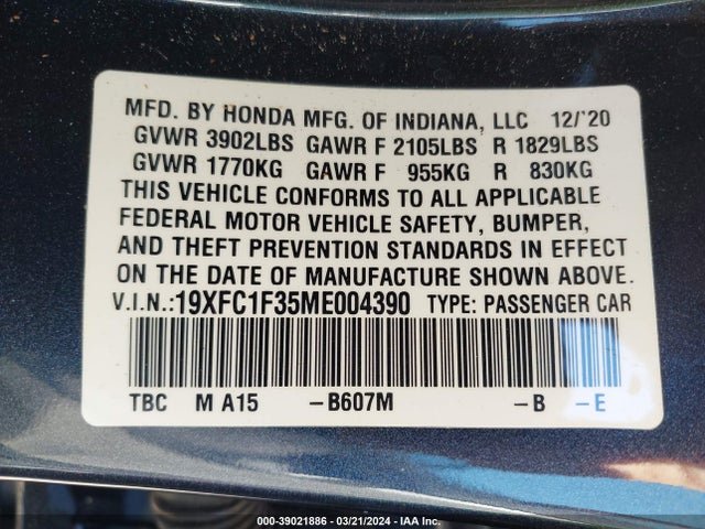 Honda CIVIC EX 2021 19XFC1F35ME004390 Image 9