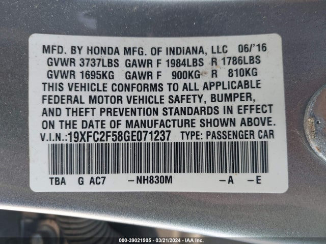 Honda Civic Lx 2016 19XFC2F58GE071237 Image 9