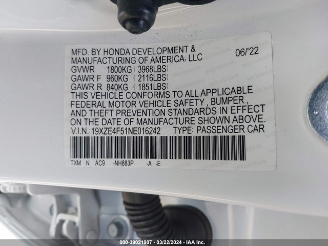 Honda INSIGHT EX 2022 19XZE4F51NE016242 Image 9