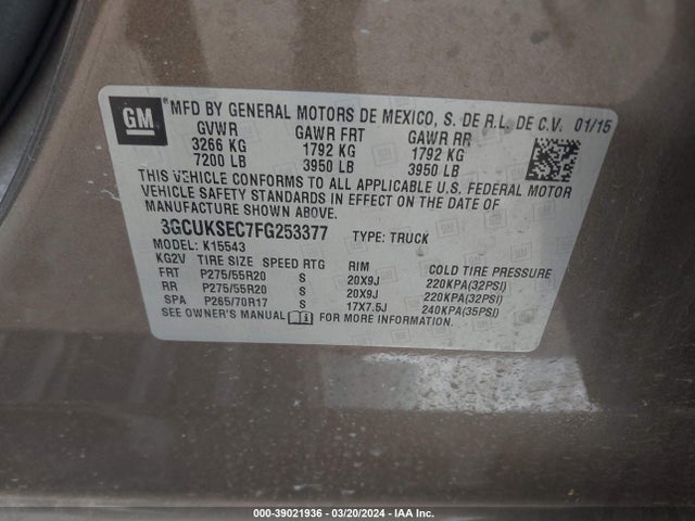 Chevrolet Silverado 1500 1lz 2015 3GCUKSEC7FG253377 Image 9