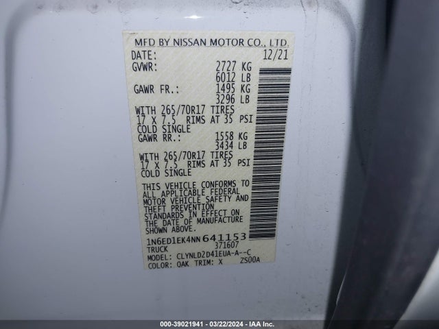 Nissan Frontier Pro-4x 4x4 2022 1N6ED1EK4NN641153 Image 9