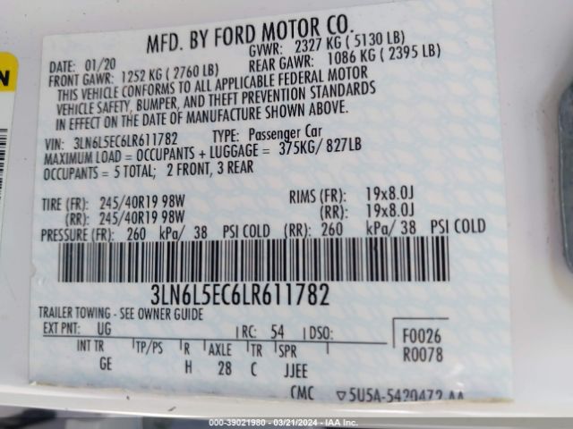 3LN6L5EC6LR611782 Lincoln Mkz Reserve