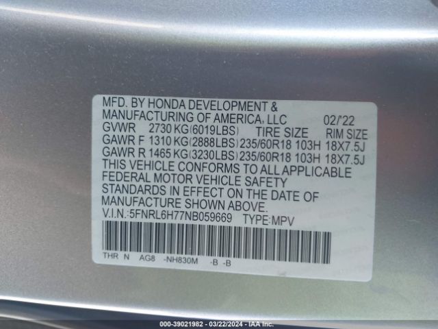 2022 HONDA ODYSSEY 5FNRL6H77NB059669 Photo 8