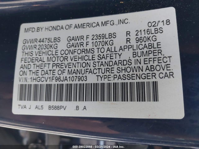 Honda Accord Touring 2018 1HGCV1F96JA107903 Image 9