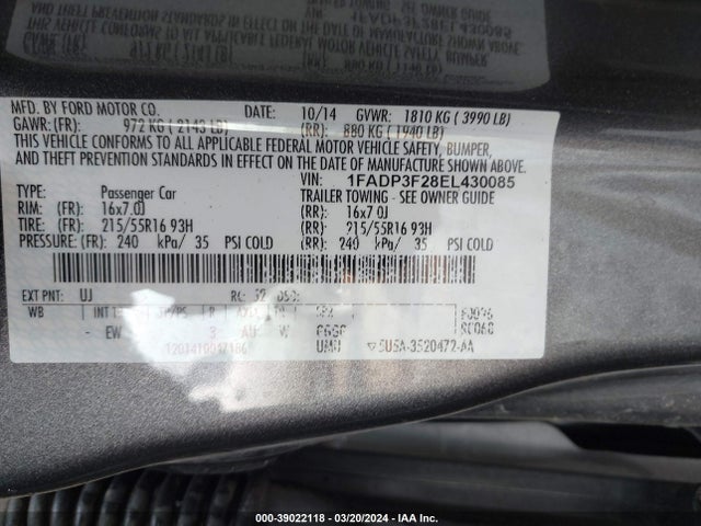 Ford FOCUS SE 2014 1FADP3F28EL430085 Image 9