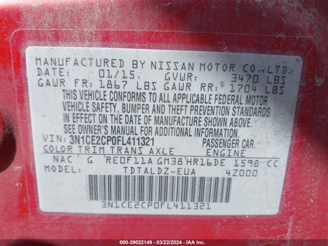 Nissan Versa Note S (sr)/s Plus/sl/sr/sv 2015 3N1CE2CP0FL411321 Image 9