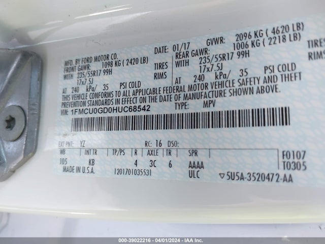 Ford ESCAPE SE 2017 1FMCU0GD0HUC68542 Image 9
