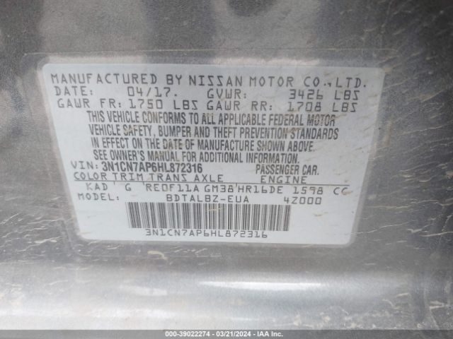 3N1CN7AP6HL872316 Nissan Versa 1.6 Sv