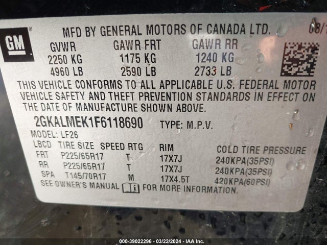 GMC Terrain Sle-1 2015 2GKALMEK1F6118690 Image 9