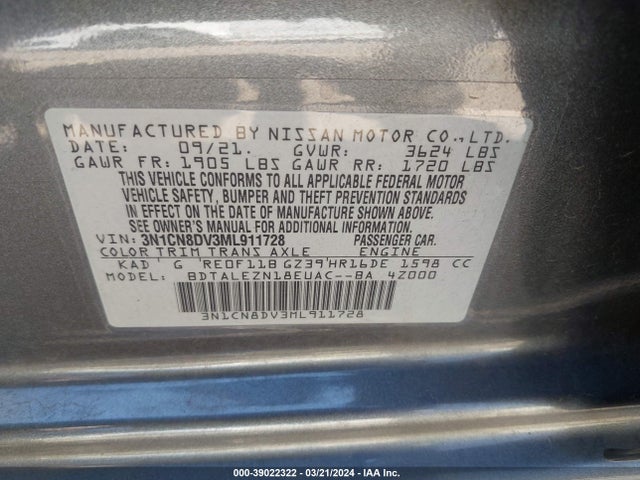 Nissan Versa S Xtronic Cvt 2021 3N1CN8DV3ML911728 Image 9