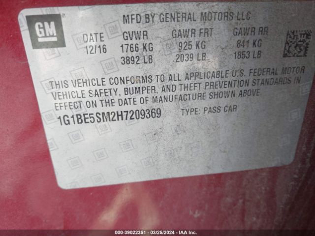 1G1BE5SM2H7209369 Chevrolet Cruze Lt Auto