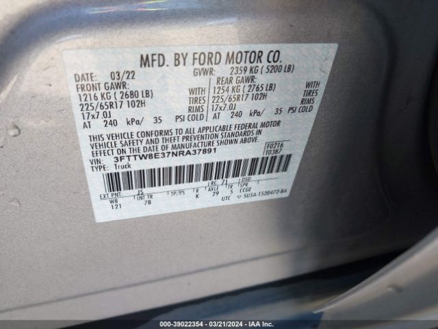 3FTTW8E37NRA37891 Ford Maverick Xlt