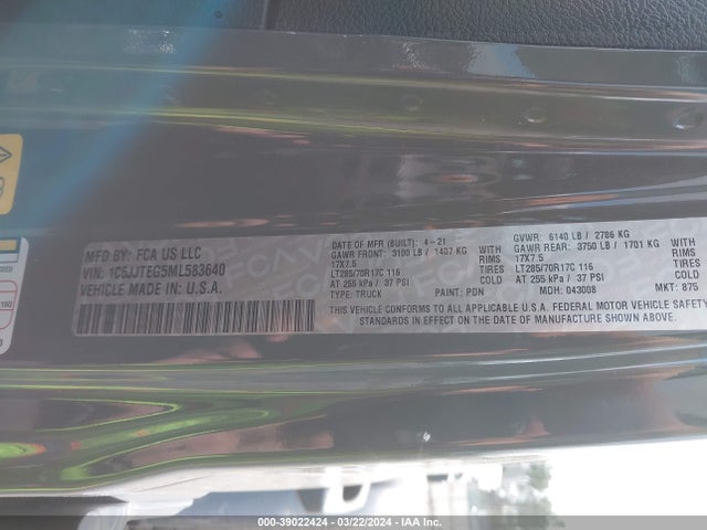 Jeep Gladiator Mojave 4x4 2021 1C6JJTEG5ML583640 Image 9